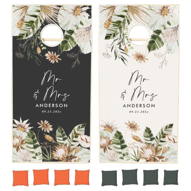 Modern tropical Mr and Mrs watercolour black cream Cornhole Set (Set)