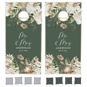 Modern tropical Mr and Mrs watercolour green Cornhole Set