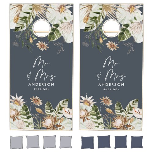 Modern tropical Mr and Mrs watercolour navy blue Cornhole Set