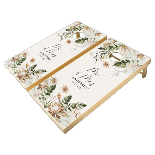 Modern tropical Mr and Mrs watercolour wedding Cornhole Set