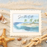 Modern Tropical Ocean Beach Wedding QR code  Save The Date<br><div class="desc">Modern Tropical Ocean Beach Script Save the Date Announcement Wedding Announcement - Announce your wedding date with our stylish watercolor beach invitation announcement featuring a gorgeous watercolor tropical beach scene. A warm sandy beach with turquoise water and palm trees decorated with string lights with modern script typography. Includes QR code...</div>