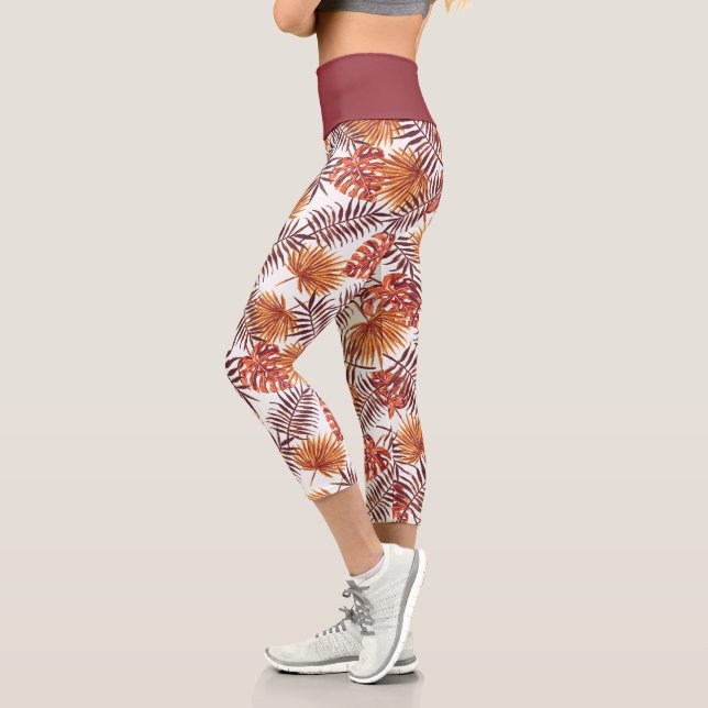Modern Tropical Orange Palm Tree Leaves Summer Art Capri Leggings (Left)
