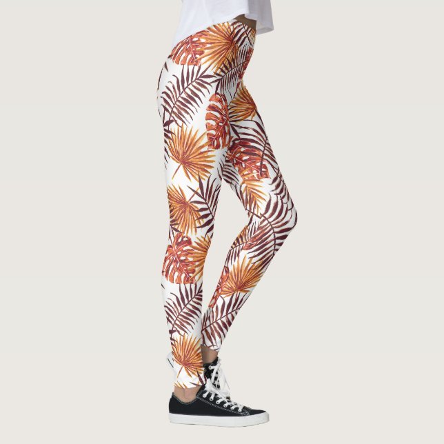 Modern Tropical Orange Palm Tree Leaves Summer Art Leggings (Right)