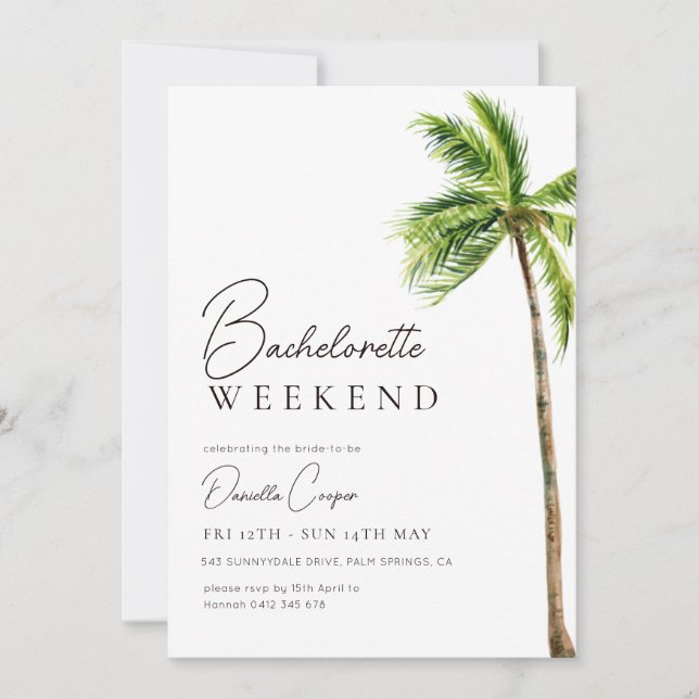 Modern Tropical Palm Bachelorette Weekend Invitation (Front)