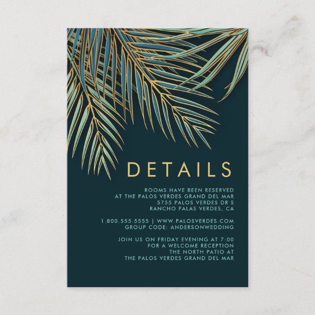 Modern Tropical Palm Gold Green Beach Wedding Enclosure Card (Front)