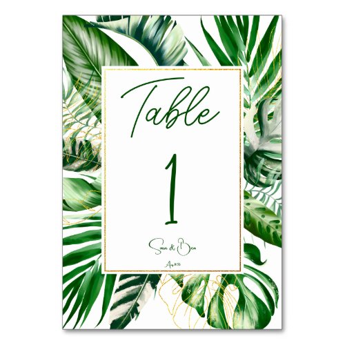 Modern Tropical Palm Leaf Gold Frame Wedding  Table Number