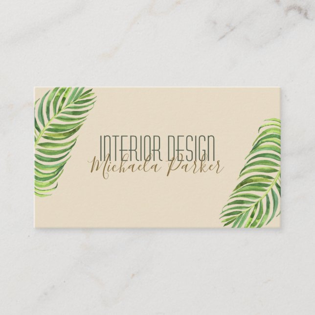 Modern Tropical Palm Leaf Interior Design Business Card (Front)