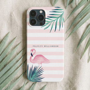 Modern Tropical Palm Leaf Pink Flamingo Stripe iPhone 13 Pro Max Case