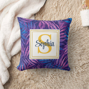 Modern Tropical Palm Leaf Script Name Monogram Throw Pillow