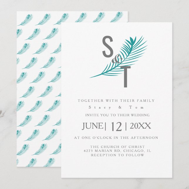 Modern Tropical Palm Leaf Teal Wedding Invitation (Front/Back)