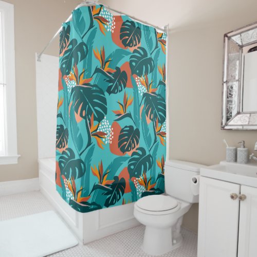Modern tropical palm leaves and hibiscus pattern shower curtain