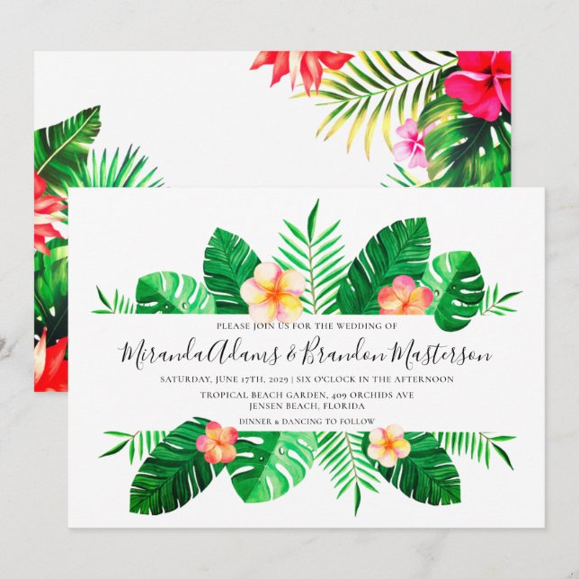 Modern Tropical Palm Leaves Floral Wedding Invitation (Front/Back)