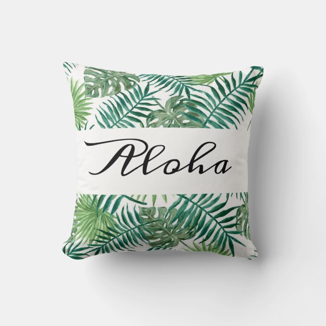 Modern Tropical Palm Leaves Green Aloha Throw Pillow (Front)