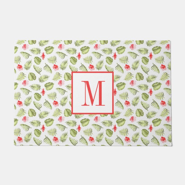 Modern Tropical Palm Leaves Monogram Doormat (Front)