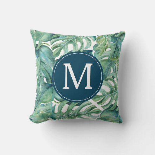 Modern Tropical Palm Leaves Monogram Throw Pillow