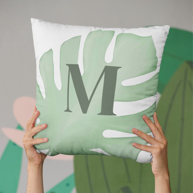 Modern Tropical Palm Leaves Monogram Throw Pillow (Palm leaves monogram throw pillow.)