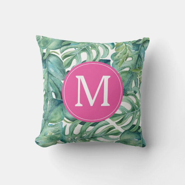 Modern Tropical Palm Leaves Monogram Throw Pillow (Front)