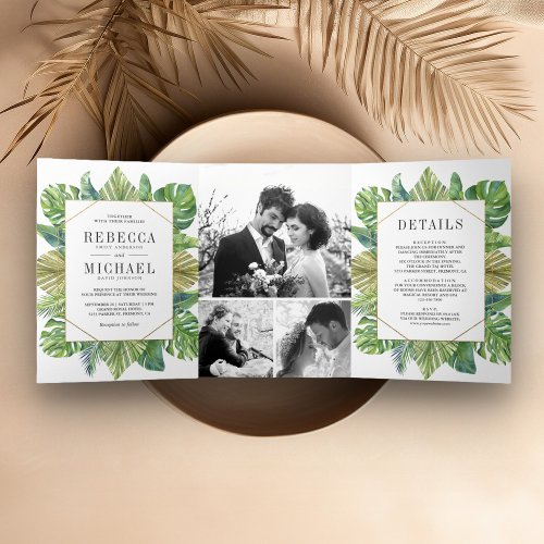 Modern Tropical Palm Leaves Photo Collage Wedding Tri_Fold Invitation