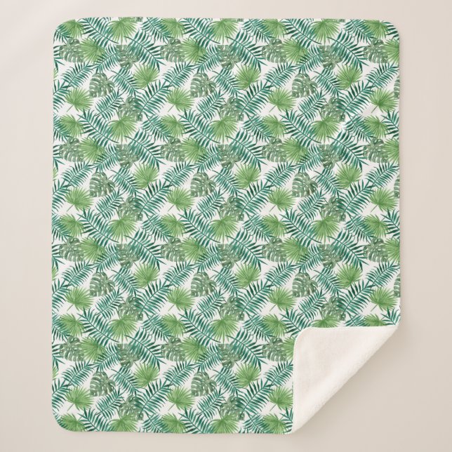 Modern Tropical Palm Leaves Sherpa Blanket (Front)