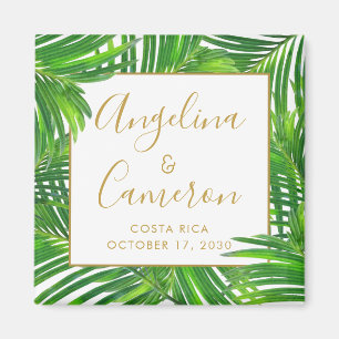 Modern Tropical Palm Leaves Wedding Date Favor Magnet