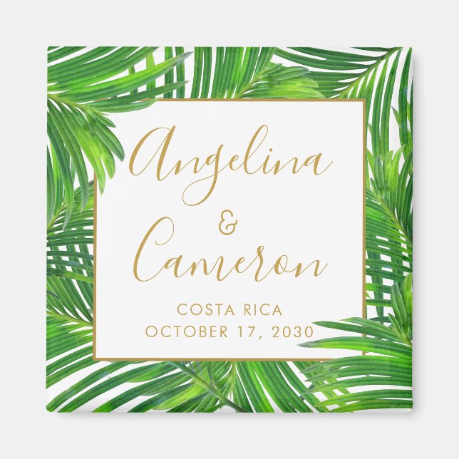 Modern Tropical Palm Leaves Wedding Date Favor Magnet (Front)