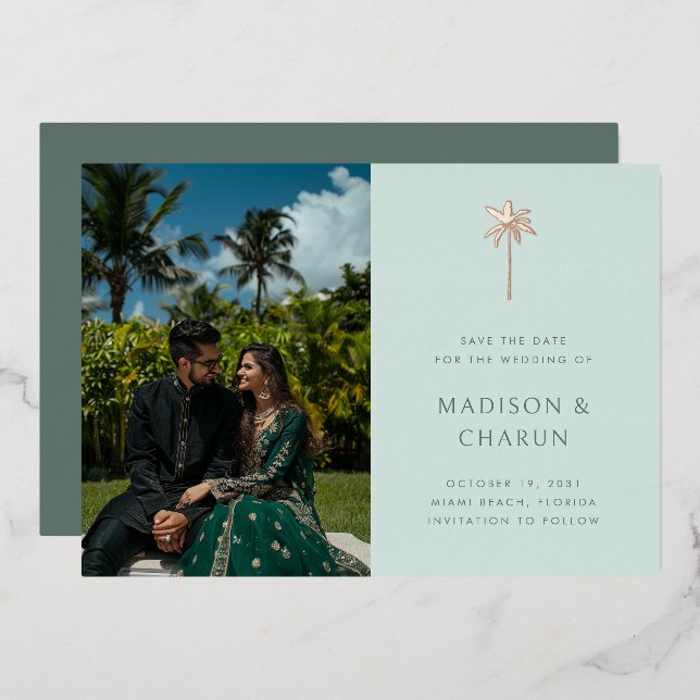 Modern Tropical Palm Mint Wedding Save the Date Foil Invitation (Front/Back)