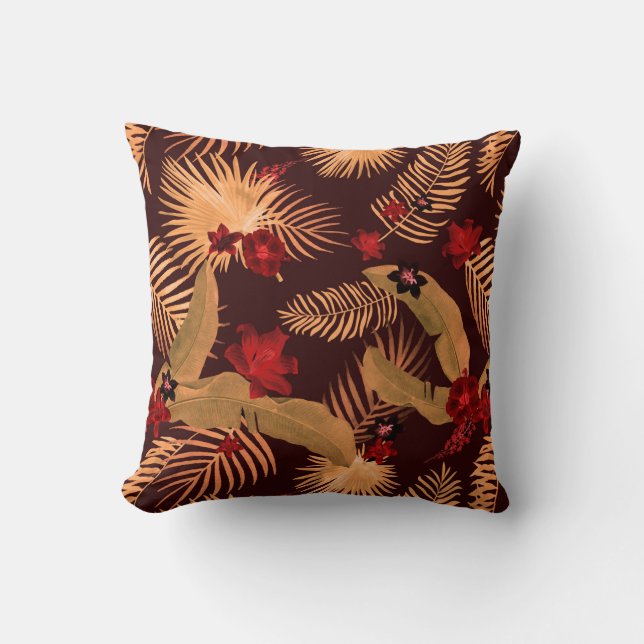 Modern Tropical Palm Pattern | Brown Beige & Red Throw Pillow (Front)