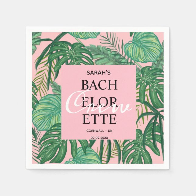 Modern Tropical Palm Pink Bachelorette Crew Party Napkins (Front)
