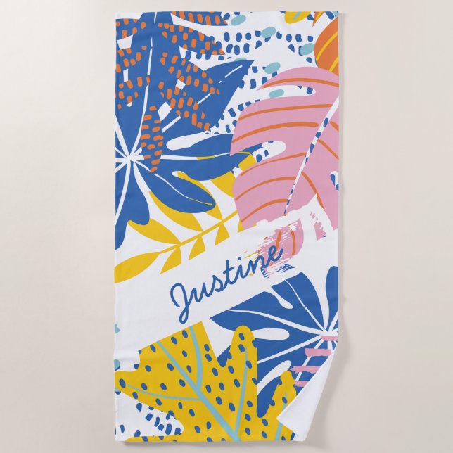 Modern Tropical Palm Pink Blue Yellow Beach Towel (Front)