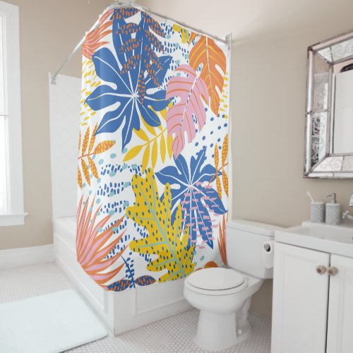 Modern Tropical Palm Pink Blue Yellow Shower Curtain