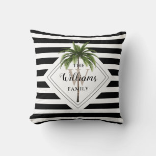 Modern Tropical Palm Tree Black And White Monogram Throw Pillow