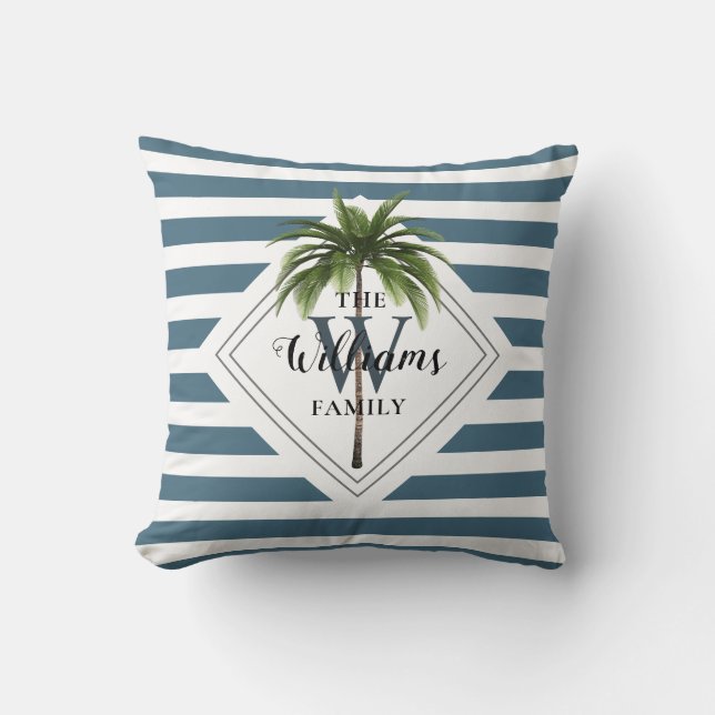 Modern Tropical Palm Tree Blue Stripes Monogram Throw Pillow (Front)
