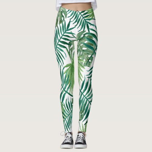 Modern tropical palm tree leaves leggings