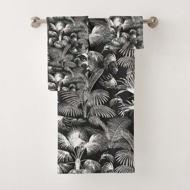 Modern Tropical Palm Trees Foliage Black White Bath Towel Set (Insitu)