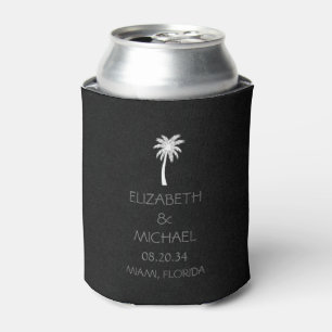 Modern Tropical Palm Trees Wedding Black white Can Cooler