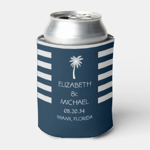 Modern Tropical Palm Trees Wedding navy blue Can Cooler