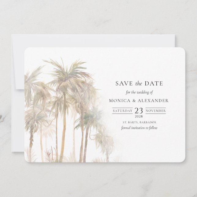 Modern Tropical Palm Trees Wedding Save The Date (Front)