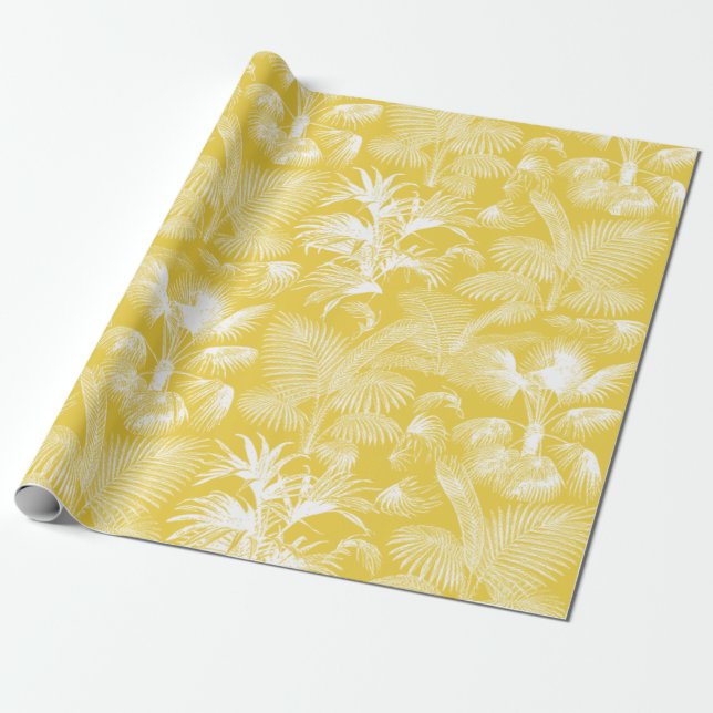 Modern Tropical Palm Trees White on Yellow Wrapping Paper (Unrolled)