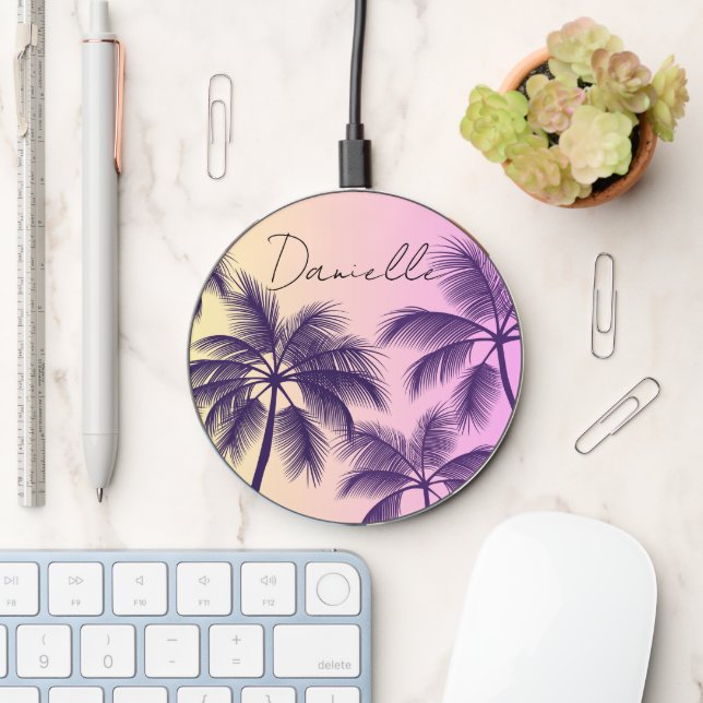 Modern Tropical Pastel Pink Sunset Palm Trees Name Wireless Charger (Desk)