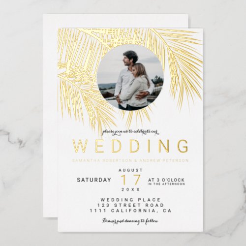 Modern tropical photo gold palm tree white wedding foil invitation