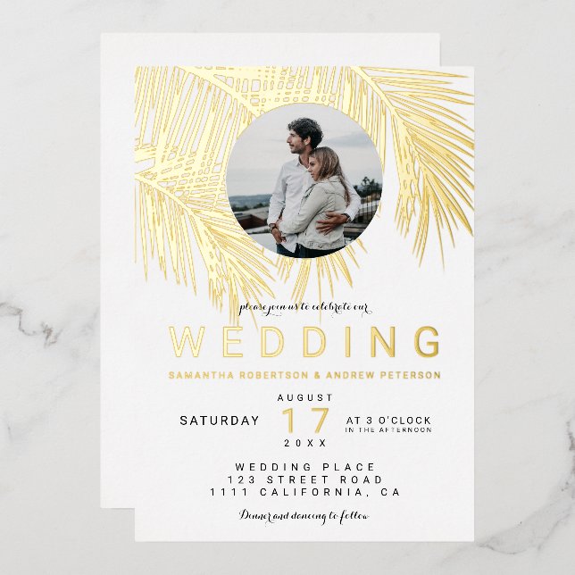Modern tropical photo gold palm tree white wedding foil invitation (Front/Back)