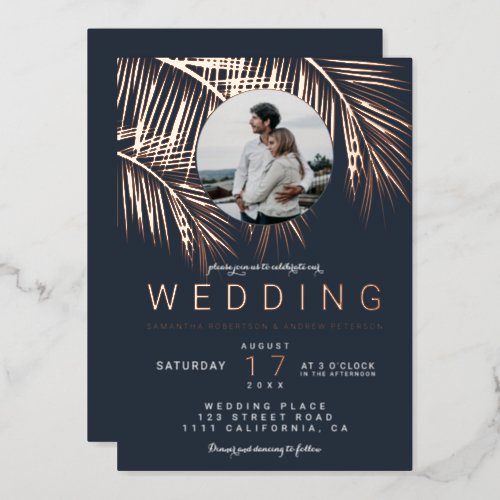 Modern tropical photo rose gold palm tree wedding foil invitation