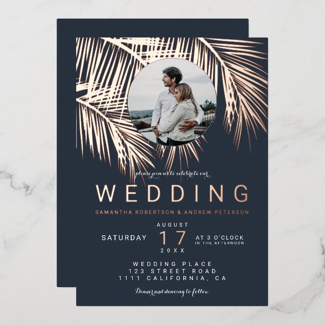 Modern tropical photo rose gold palm tree wedding foil invitation (Front/Back)