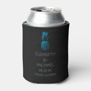Modern Tropical Pineapple Wedding Black Blue Can Cooler