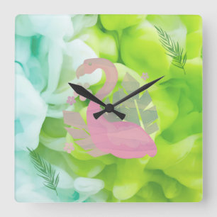 Modern Tropical Pink Flamingo and Palms Square Wall Clock