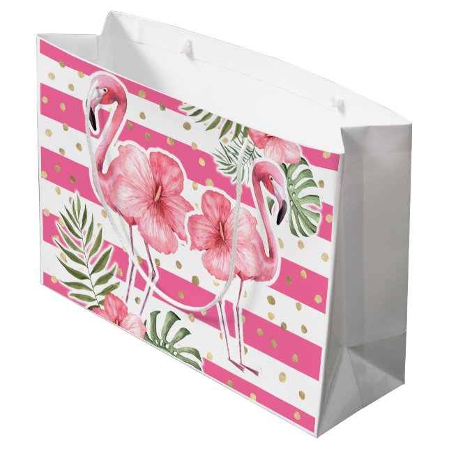 Modern Tropical Pink Flamingos Floral Large Gift B Bag (Back Angled)