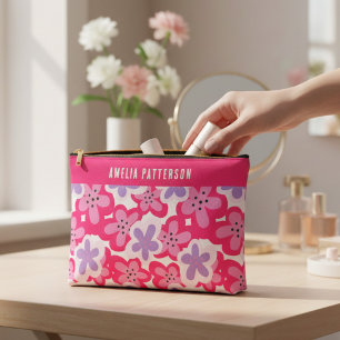 Modern Tropical Pink Floral Personalized Name Accessory Pouch