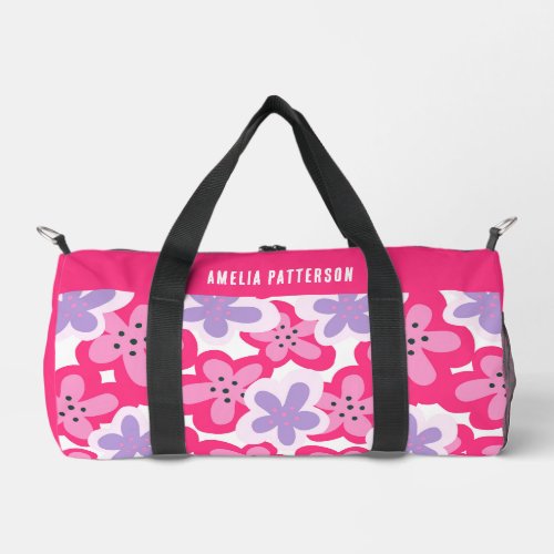Modern Tropical Pink Floral Personalized Name Duffle Bag