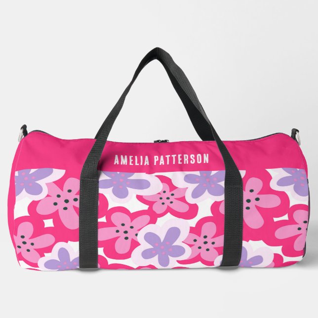Modern Tropical Pink Floral Personalized Name Duffle Bag (Front)