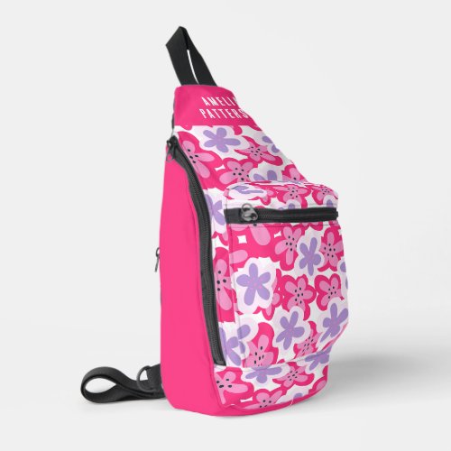 Modern Tropical Pink Floral Personalized Name Sling Bag
